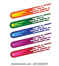 Comet or Asteroid Flat Style Different Colors Set. Space object exploration concept vector art