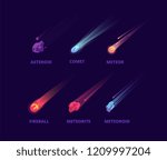 Comet asteroid and meteorite. Cartoon space objects. Atmospheric fireballs vector set