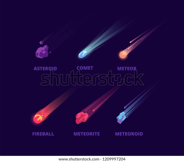 Comet asteroid and meteorite.\
Cartoon space objects. Atmospheric fireballs vector\
set