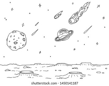 Comet and asteroids are falling on a planet's surface with craters. Vector outline illustration, horizontally seamless