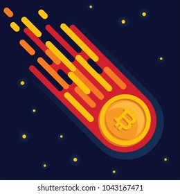 Comet with bitcoin symbol flying down in open space. Cryptocurrency market falling. Vector illustration.