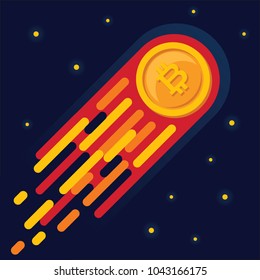Comet with bitcoin symbol flying up in open space. Cryptocurrency market growing. Vector illustration.
