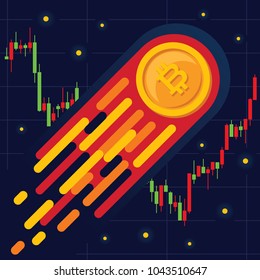 Comet with bitcoin symbol flying up in open space. Cryptocurrency market growing. Vector illustration of chart.
