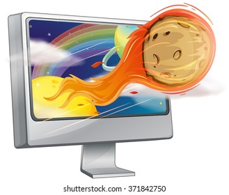 Comet coming out of computer screen illustration