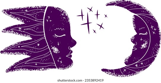 Comet and crescent, fantasy creatures with face in linocut style. Vector set.