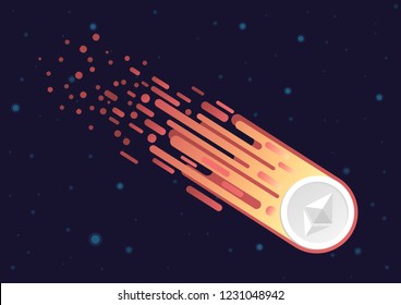 Comet with Ethereum symbol flying down in open space. Cryptocurrency market falling down vector illustration.