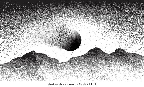 Comet explosion in space. Futuristic landscape, with noise texture . Night landscape with meteor explosion.Vector illustration