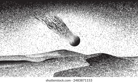 Comet explosion in space. Futuristic landscape, with noise texture . Night landscape with meteor explosion.Vector illustration