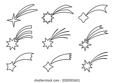 Cometa caída de línea estrella contorno conjunto negro. Meteoritos, asteroides, chispas de fuegos artificiales aisladas en fondo blanco. Icono de estrellas de tiro para aplicaciones y web. Ilustración del vector
