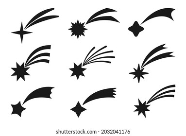 Comet falling star silhouette black set. Meteorites, asteroids, sparks of fireworks isolated on white background. Shooting stars icon for apps and web. Vector illustration