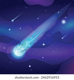 Comet falls with blue fire trail in the starry sky space. Asteroid or meteorite flying in night sky. Vector cartoon illustration