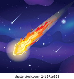 Comet falls with fire trail in the starry sky space. Asteroid or meteorite flying in night sky. Vector cartoon illustration