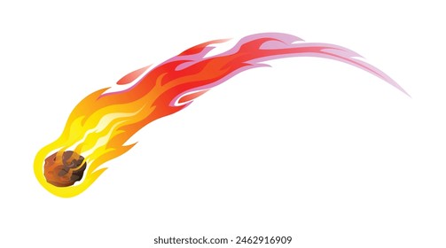 Comet falls with sparkling fire trail. Vector cartoon illustration isolated on white background