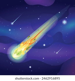 El cometa cae con una estela brillante y rápida en el espacio del cielo. Vector ilustración de dibujos animados