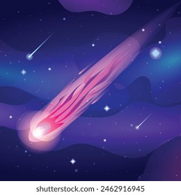 Comet falls with speed trail in the starry sky space. Asteroid or meteorite flying in night sky. Vector cartoon illustration