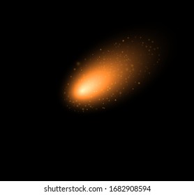 Comet or fire ball. Sparkling falling star. Stardust trail. Cosmic glittering wave. Stock vector illustration on black isolated background.