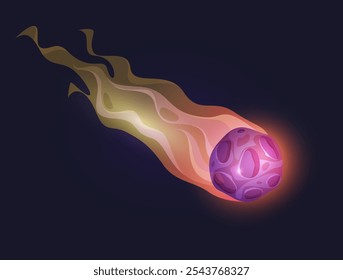 Comet with fire trail, isolated celestial body moving or floating in space. Vector asteroid with flames, planet in galaxy universe. Cartoon sphere for game scene, space star or meteorite