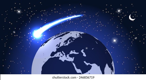 Comet Fly Around the Planet in Space. Vector Illustration. EPS10