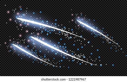 Comet flying on a transparent background. Vector illustration of abstract flare light rays. A set of stars, light and radiance, rays and brightness.