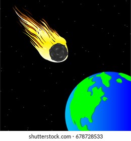 Comet flying to planet land from elbowroom of cosmos