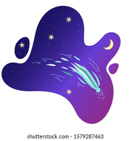 Comet flying in the purple violet sky with shiny stars and crescent moon. Vector illustration in cute cartoon style