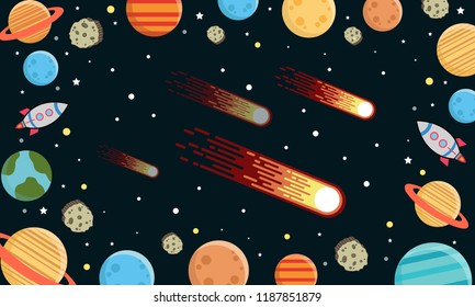 Comet flying space with planets and spaceships, background