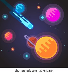 Comet flying through deep space galaxy. Cosmos concept. Flat style vector illustration.