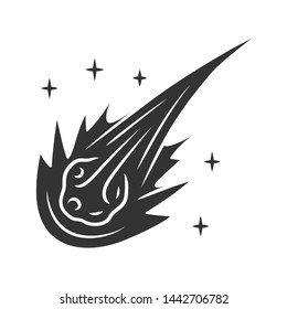 Comet glyph icon. Falling star. Meteor, asteroid. Bright celestial object. Icy solar system body. Fireball. Atmospheric meteorite. Silhouette symbol. Negative space. Vector isolated illustration