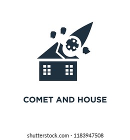 Comet and House icon. Black filled vector illustration. Comet and House symbol on white background. Can be used in web and mobile.