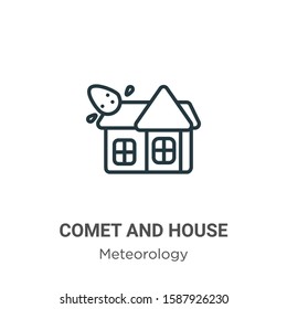 Comet and house outline vector icon. Thin line black comet and house icon, flat vector simple element illustration from editable meteorology concept isolated on white background