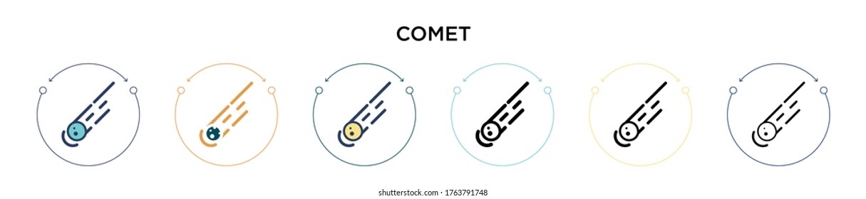 Comet icon in filled, thin line, outline and stroke style. Vector illustration of two colored and black comet vector icons designs can be used for mobile, ui, web