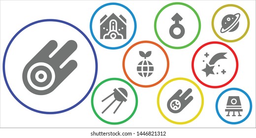 comet icon set. 9 filled comet icons.  Simple modern icons about  - Asteroid, Falling debris, Mars, Sputnik, Meteorite, Planet, Shooting star, Space capsule