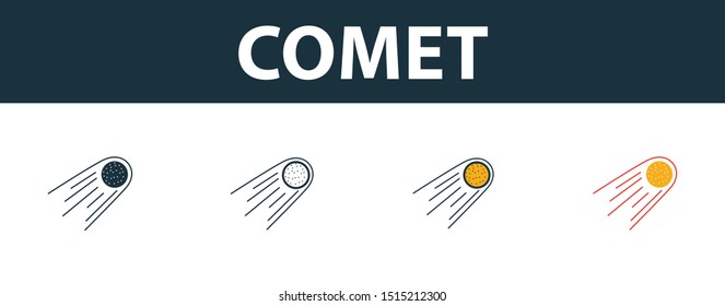 Comet icon set. Four elements in diferent styles from space icons collection. Creative comet icons filled, outline, colored and flat symbols.