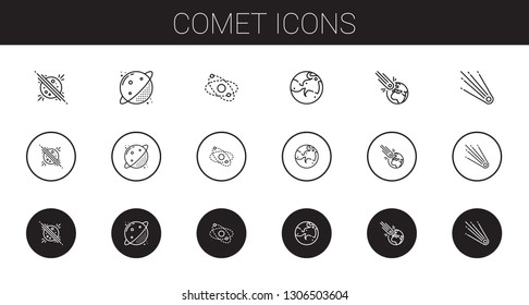 comet icons set. Collection of comet with planet, mars, asteroid. Editable and scalable comet icons.