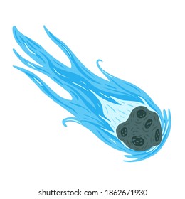Comet isolated on white background. Meteor with tail blue color in doodle vector illustration.