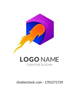 Comet launch logo with hexagon background. Fire meteor logo design