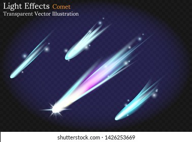 Comet light effects transparent vector illustration, Meteorites, Meteors fireballs, Explosion, Special effect.
