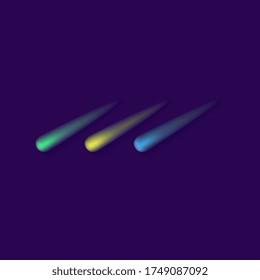 Comet lights in space, colorful glowing asteroid or meteorite trace lines going down. Green, yellow and blue star trails - galaxy objects vector illustration isolated on dark background