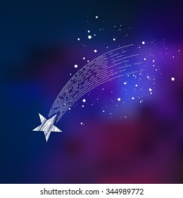 Comet, like a shooting star concept or asteroid. Vector illustration in vintage style. Blurred background. Abstract blurred background. Template for poster.