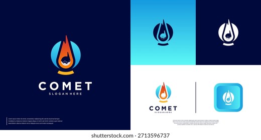 Logotipo de cometa cruzando a atmosfera, efeito de cauda de fogo, velocidade, modelo de design gráfico.