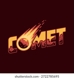 Diseño de logotipo de cometa con efecto de meteorito de fuego. Logotipo de texto de cometa ardiente con ilustración de meteorito en llamas. Logotipo del cometa del meteoro con el rastro del fuego en fondo oscuro. Logotipo de marca de cometa en llamas en estilo retro.