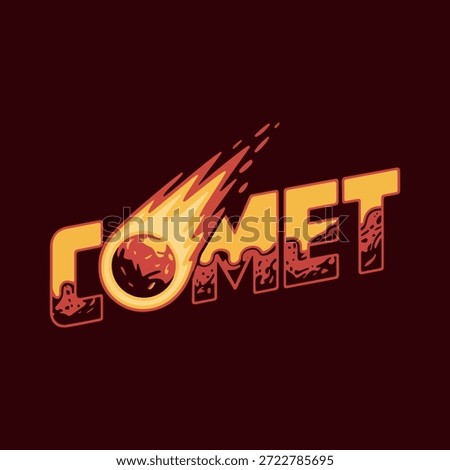 Comet Logo Design with Fire Meteor Effect. Fiery Comet Text Logo with Flaming Meteor Illustration. Meteor Comet Logo with Fire Trail on Dark Background. Burning Comet Wordmark Logo in Retro Style.