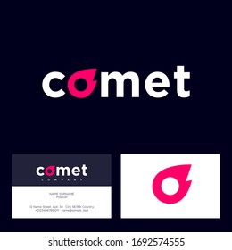 Comet logo. Letters and icon.  Letter O like red comet. Internet, games, marketing, delivery icon. Business card.