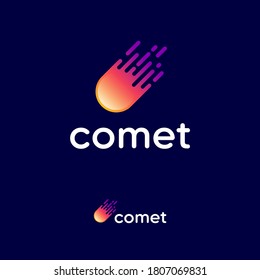 Comet logo. Type and comet icon. Bright meteor on a dark background. Internet, games, marketing, delivery icon. 