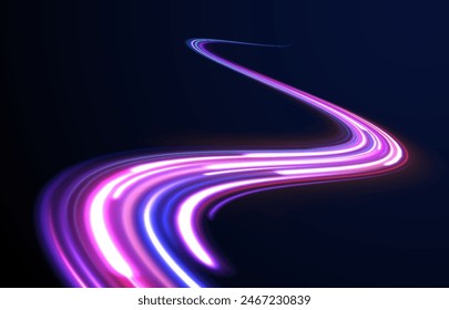 Comet with a long bright tail in outer space. Expressway in long delay, with car lights at night on autobahn. Vector glitter light fire flare trace. Power energy.	