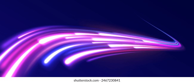 Comet with a long bright tail in outer space. Expressway in long delay, with car lights at night on autobahn. Vector glitter light fire flare trace. Power energy.	