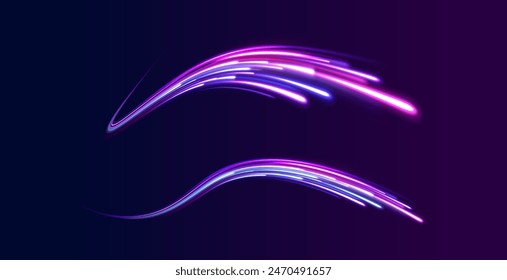 Cometa con una larga cola brillante en el espacio exterior. Autopista en largo retraso, con luces de coche por la noche en la autopista. Vector brillo luz fuego bengala traza. Energía eléctrica.	