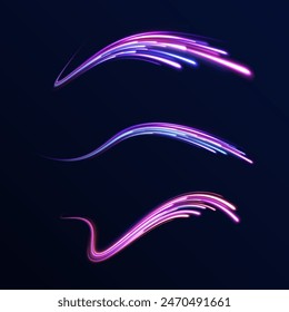 Comet with a long bright tail in outer space. Expressway in long delay, with car lights at night on autobahn. Vector glitter light fire flare trace. Power energy.	