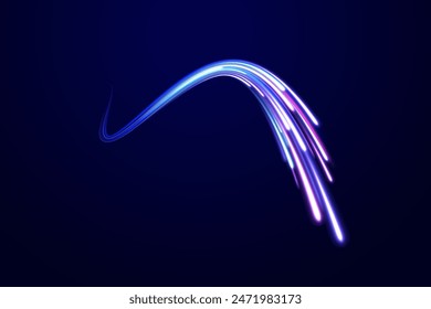 Comet with a long bright tail in outer space. Laser beams luminous abstract sparkling isolated on a transparent background. Abstract neon color glowing lines background.	