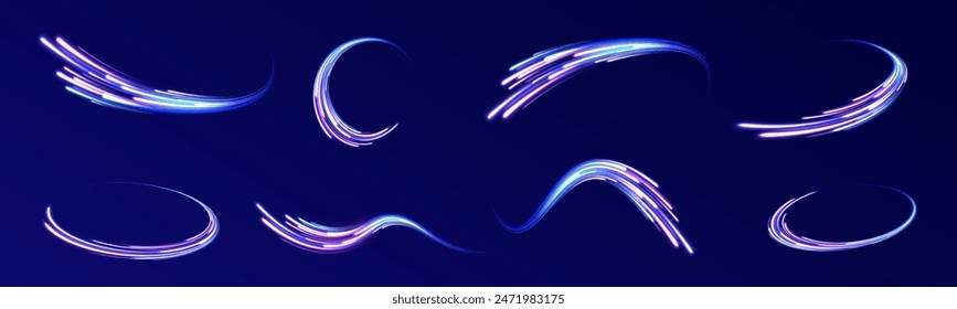 Comet with a long bright tail in outer space. Laser beams luminous abstract sparkling isolated on a transparent background. Abstract neon color glowing lines background.	